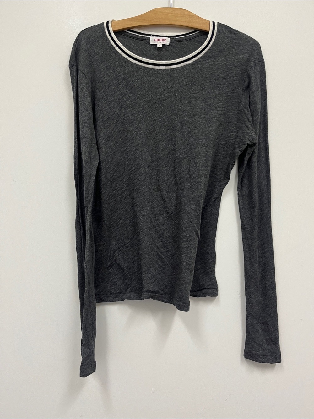 Goldie Lewinter Dark Charcoal Long Sleeve Tee with White-Trim Neck size S